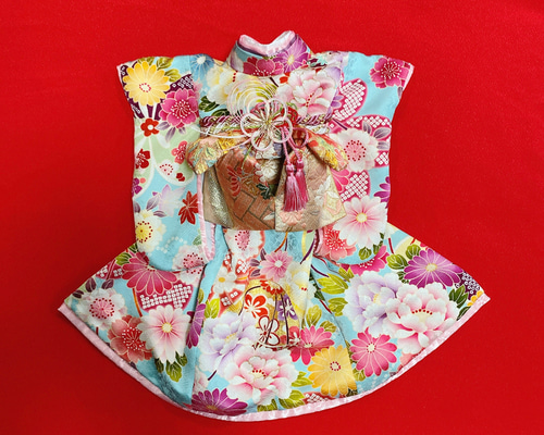 犬の着物✨犬用本格大振袖着物 お引き摺り 水色 正絹 金彩入り 犬服