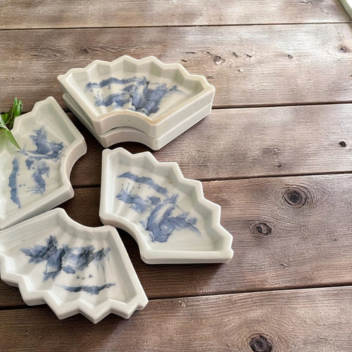 お得＞伊万里染付扇型豆皿5枚 江戸幕末期 薬味皿・豆皿 antique art