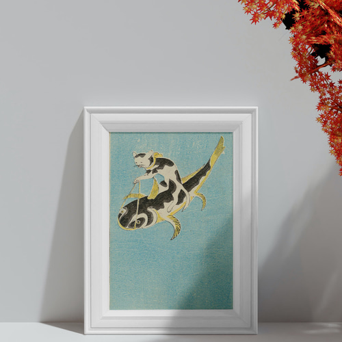 ナマズに乗る猫日本画アートポスター☆黒ブチ鳥獣戯画浮世絵和柄江戸