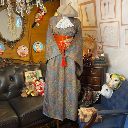 和洋折衷 着物 リメイク ロング 丈 ワンピース ドレス 洗える 化繊