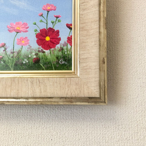 アクリル画 原画 「コスモスのフィールド05」額縁付 F4サイズ