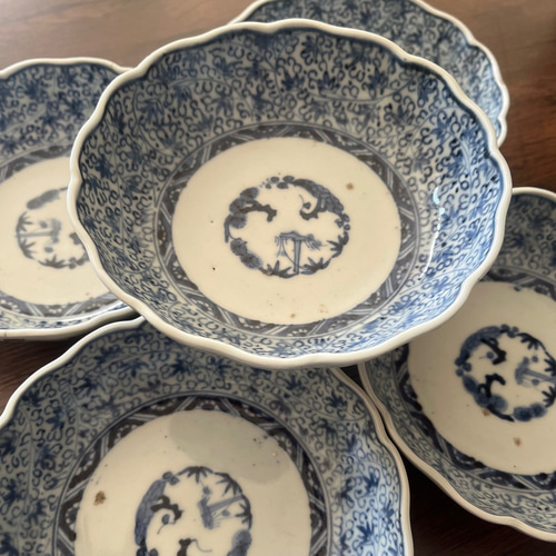 伊万里染付微塵花唐草紋様成化年製なます皿 5枚組 お椀・ボウル・鉢