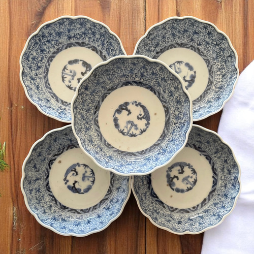 伊万里染付微塵花唐草紋様成化年製なます皿 5枚組 お椀・ボウル・鉢