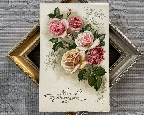 アンティークポストカード 薔薇 Rose 額装 インテリア小物 花柄 M