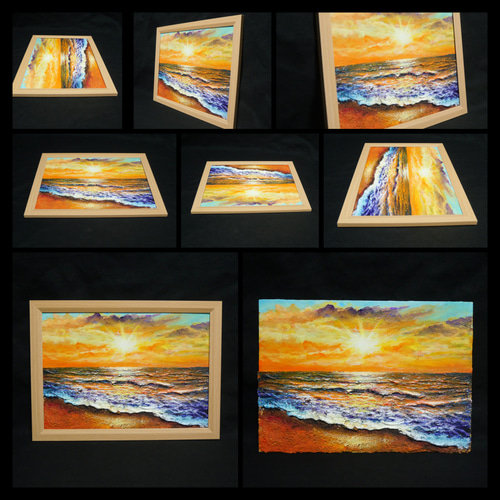 油絵 油彩 油彩画 絵 絵画【夕日に染まる海】A4 絵画 HR 通販