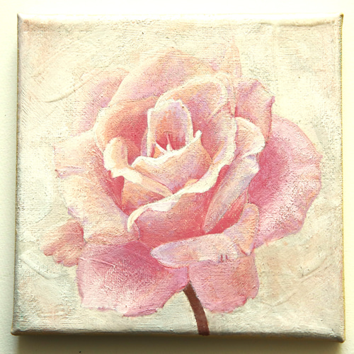 原画 バラ エレガンス 15㎝角 アクリル画 手描き 淡いピンク色 幸せ 花