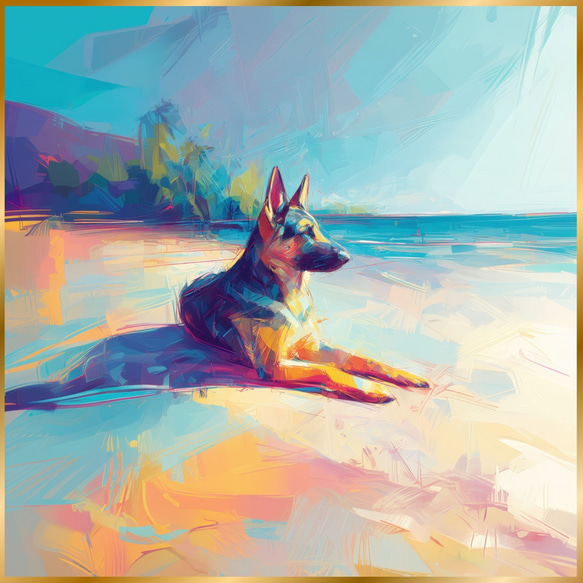 ジャーマンシェパード犬とビーチのスケッチ No.3】海・犬の絵・犬の