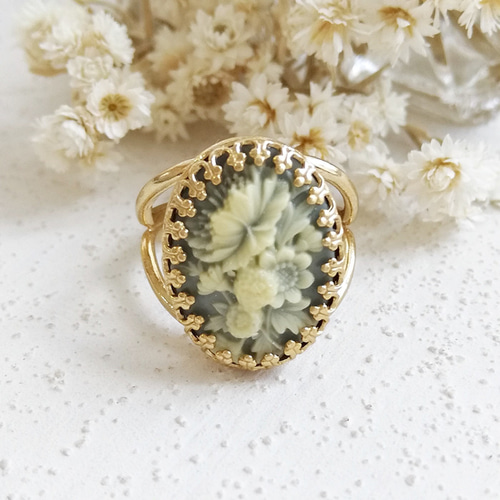 ヴィンテージフラワーカメオ ブルー オーバル リング 指輪 / 18x13mm