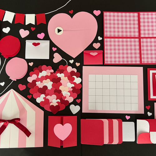 手作り仕掛けアルバム 仕掛けパーツ17点セット【赤ピンク系】 型紙