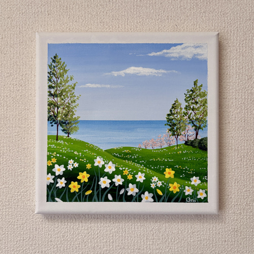 アクリル画 原画 「なの花の咲く丘」額縁付 F4サイズ キャンバス