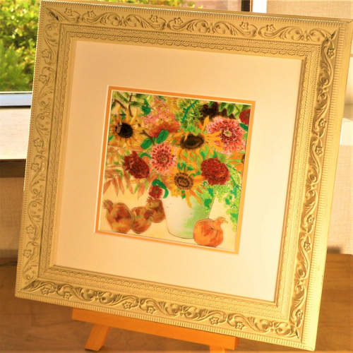 七宝焼アートフレーム 「ひまわりとザクロ」 京七宝 染型七宝 ゴッホの