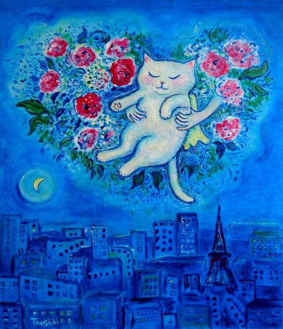 原画 「再会の夜（シャガールへのオマージュ）」 F10号 ＃絵画 ＃ねこ