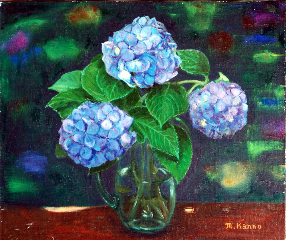 油絵 専用 青いあじさいを差したテーブル 油絵 専用 青いあじさいを差