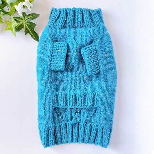 犬服 手編みセーター ターコイズブルー 胴回り36cm ペット服