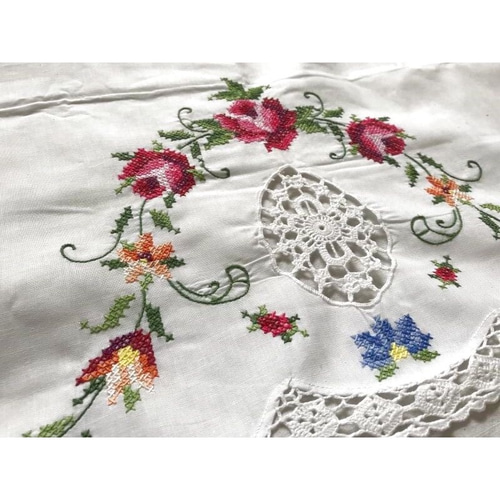 ヴィンテージ クロスステッチ・レース カフェカーテン 71cm×105cm