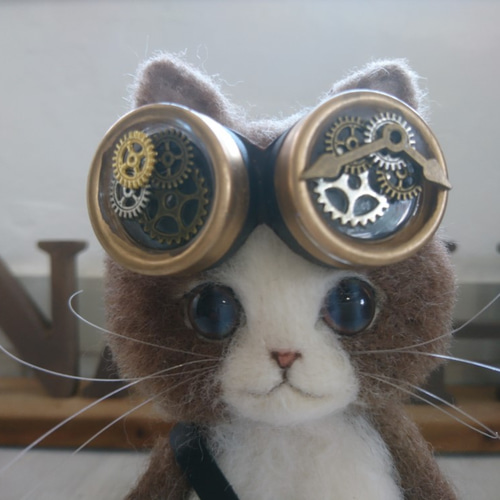 かわいくてかっこいいスチームパンクな猫の人形 置物 羊毛フェルト