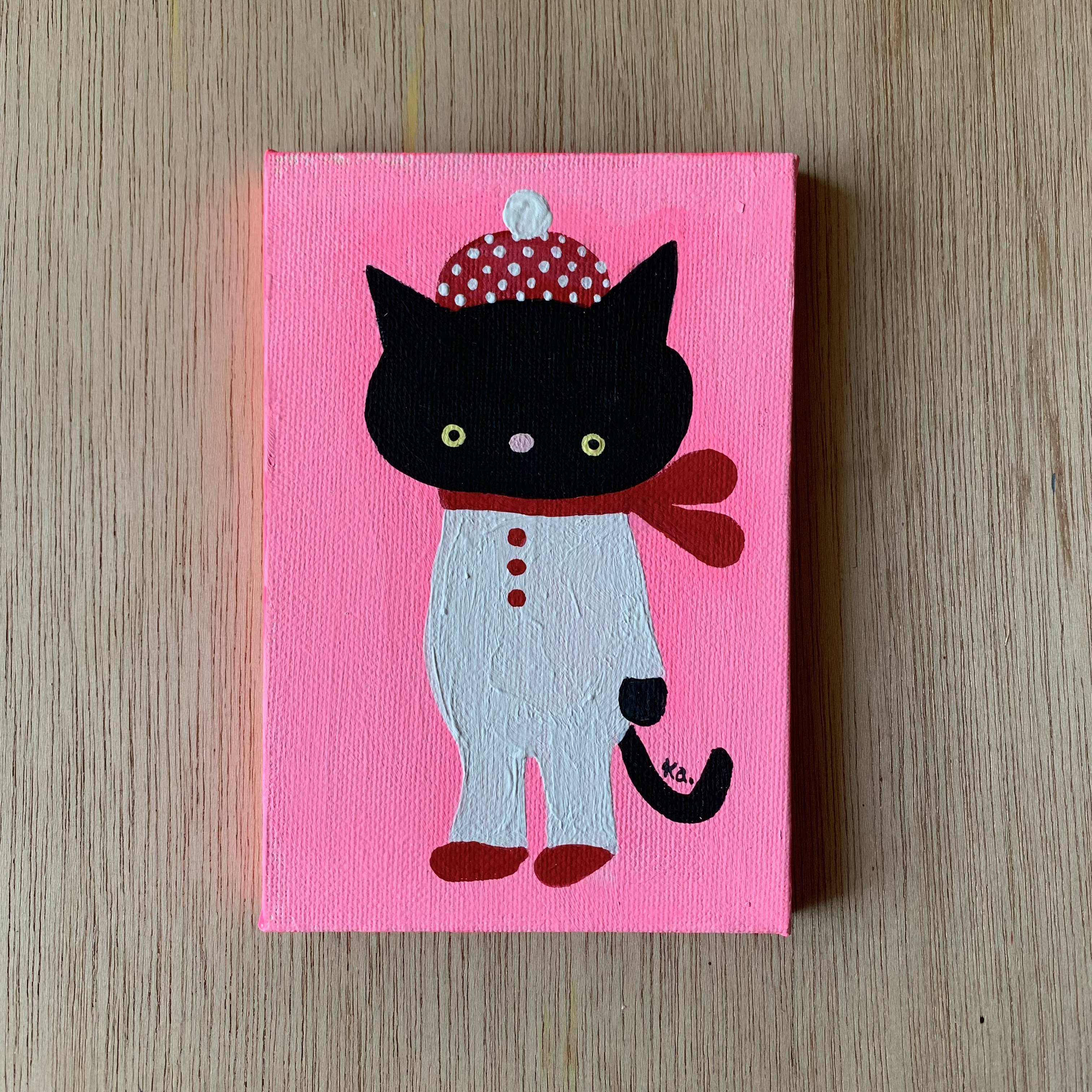 絵画。原画☆キャンバスF6【黒猫はプレゼントを持って花が咲く日