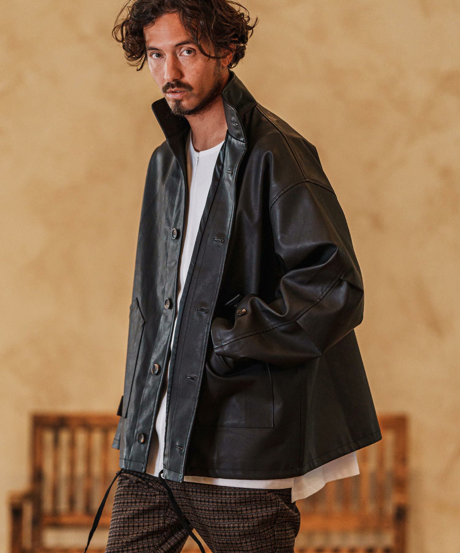 30%OFF【CULLNI(クルニ)】Faux Leather Layerd Collar Zip Up Jacket