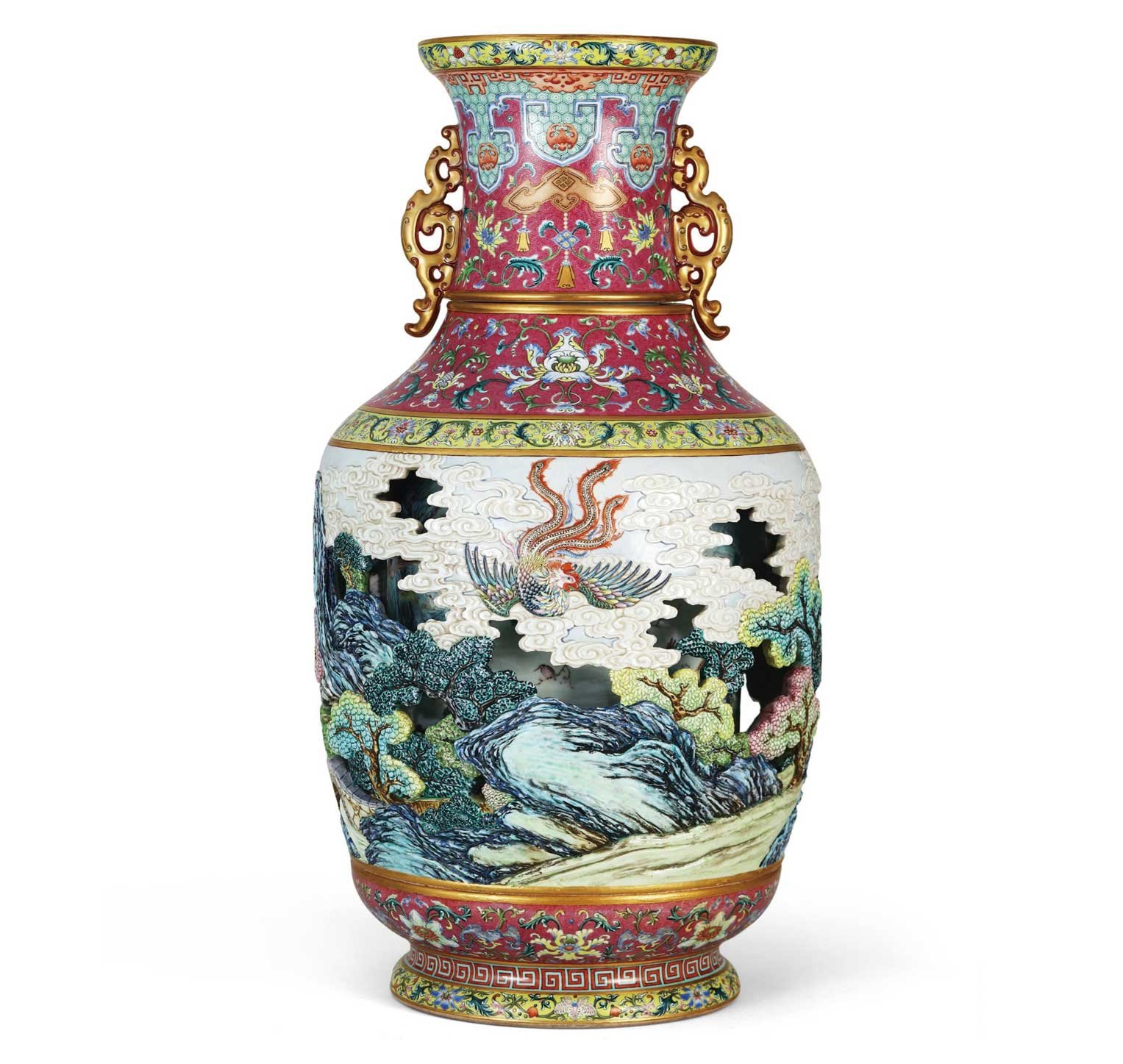 清代 大清乾隆年製 陶磁器 粉彩松鶴紋 獣耳六方