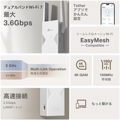 TP-Link RE235BE Wi-Fi 7 無線LAN中継器 2882+688Mbps BE3600 メッシュ