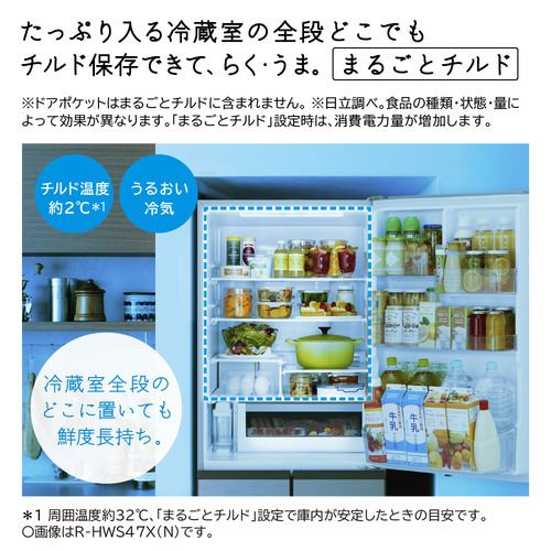 日立 冷蔵庫 470L 右開き 5ドア 幅60cm ひろin冷凍プラス まるごと