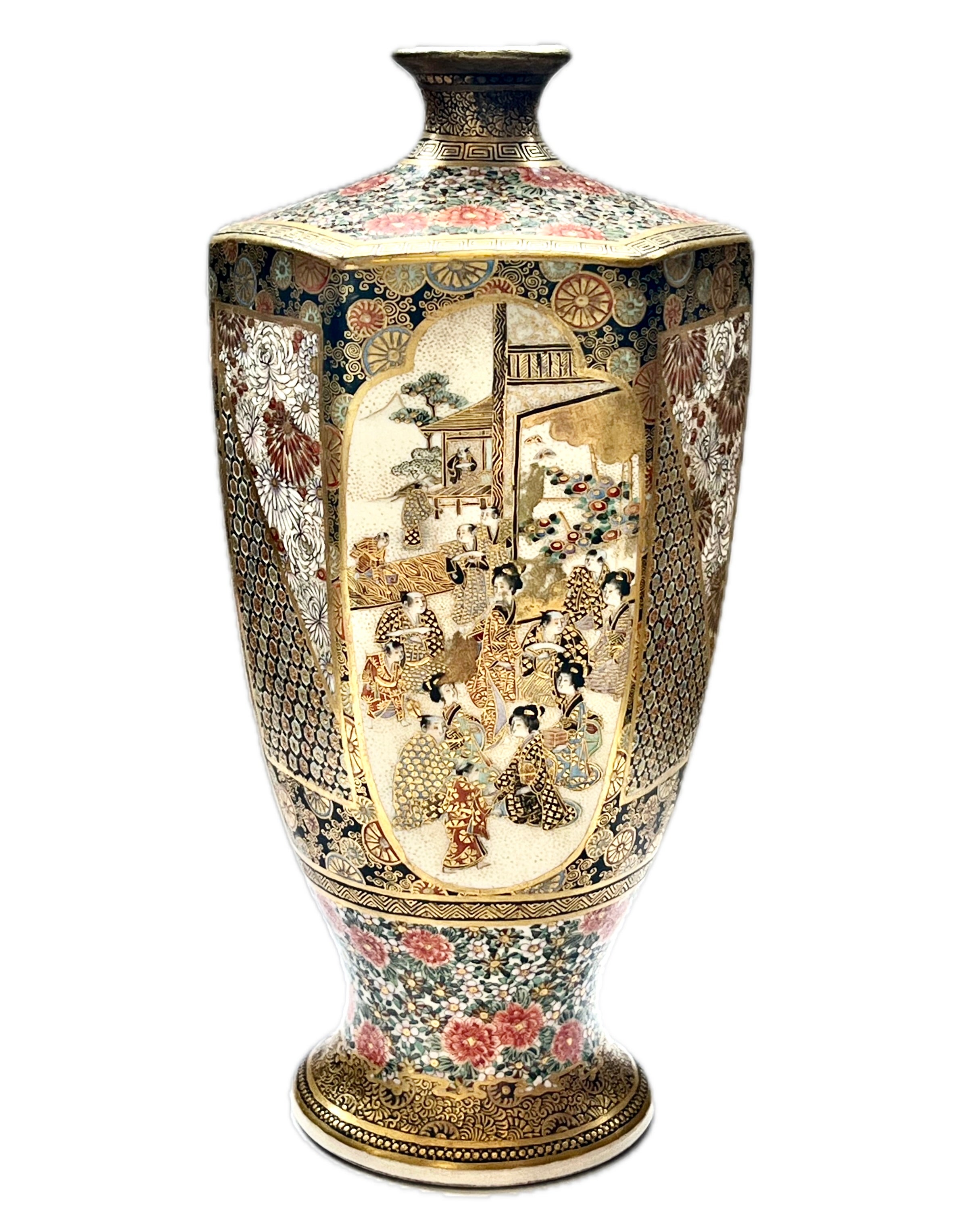 日本明治时期萨摩六角形古董花瓶，由Kozan 制作，约19 世纪中后期