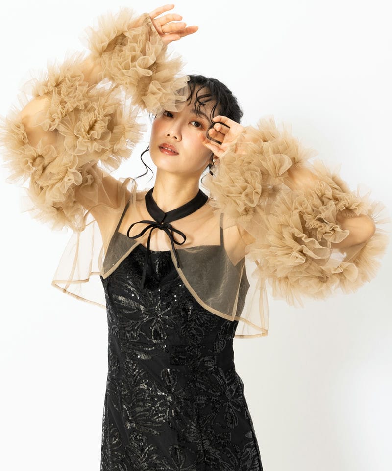 Leja レジャ フリルチュールスリーブリボンIラインドレス ブラック系 x