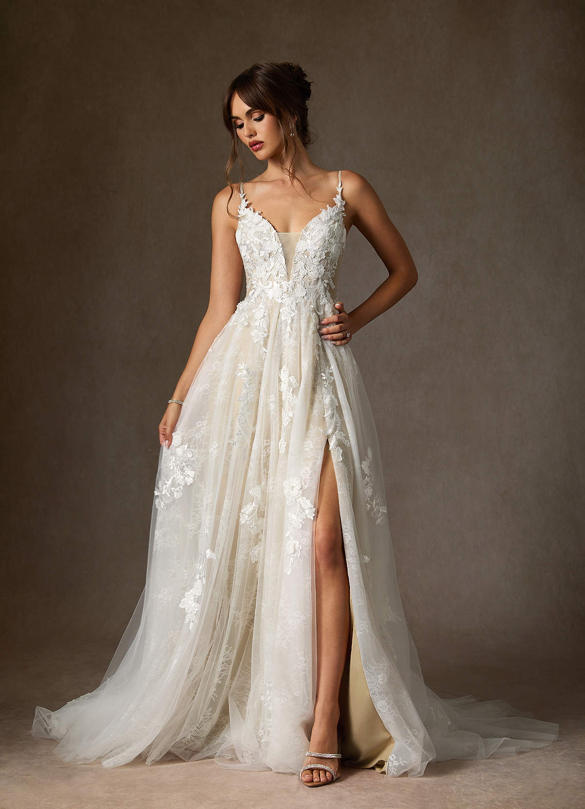 Azazie Monda Diamond White Champagne A-Line Lace Tulle Dress