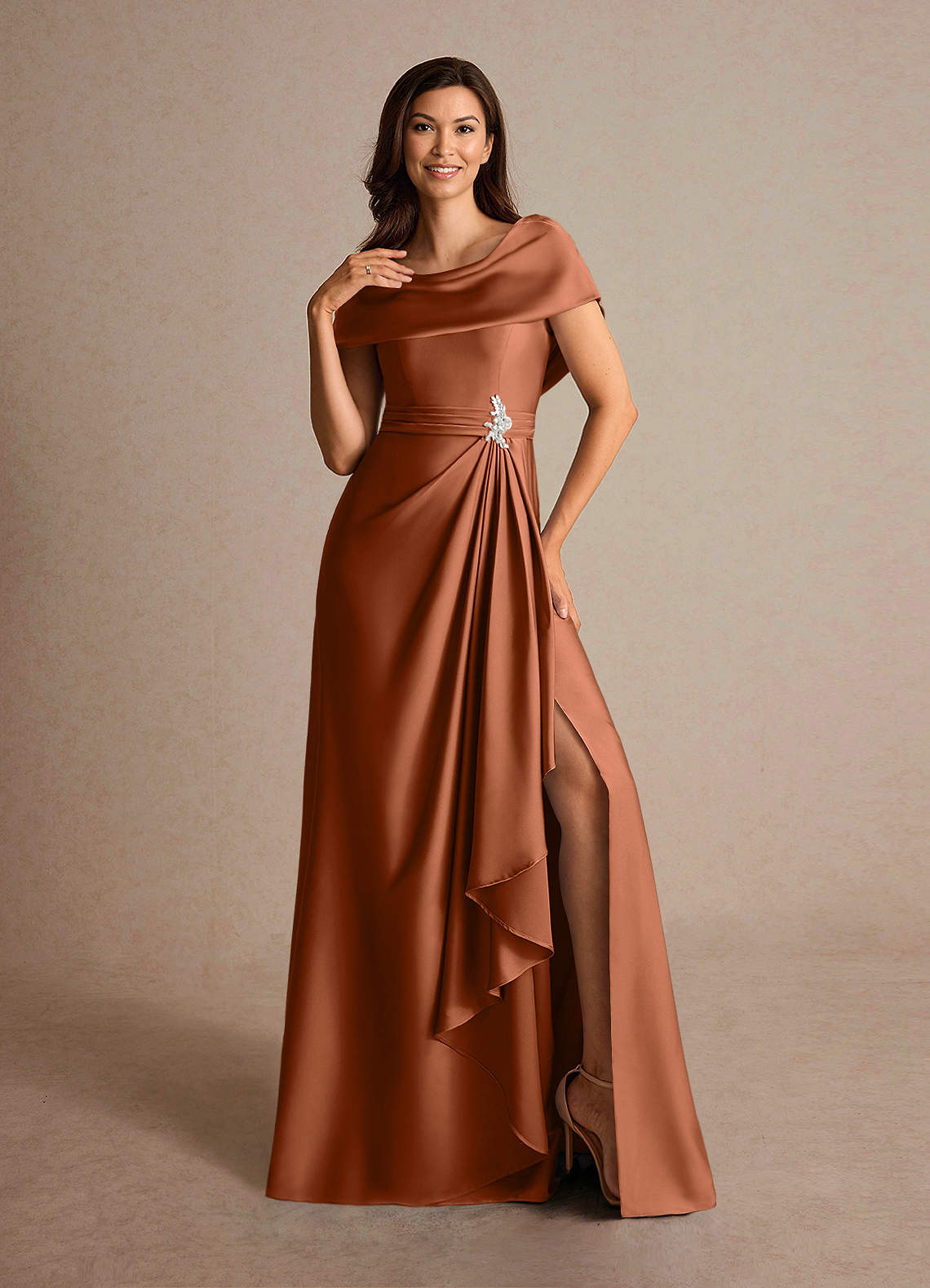 Azazie Branford Copper A-Line Pleated Stretch Satin Dress | Azazie