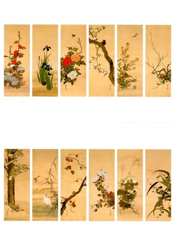 酒井抱一、花鳥十二カ月図、超希少・大判画集画、新品高級額装付 酒井