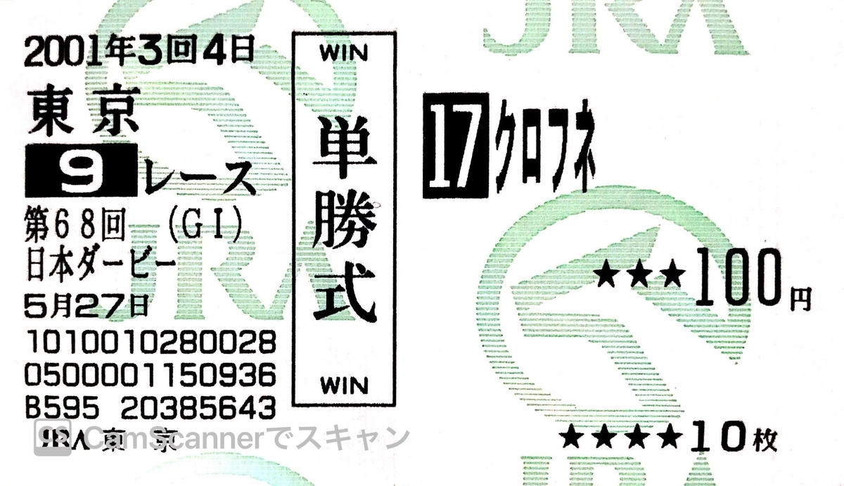 ジャングルポケット 日本ダービー 現地単勝馬券 2001年「第68回日本