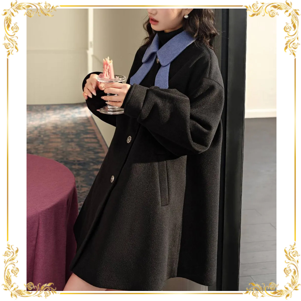 KUOSE ショート リボン 長袖 ボウカラーコート ブラック*関送込 (KUOSE