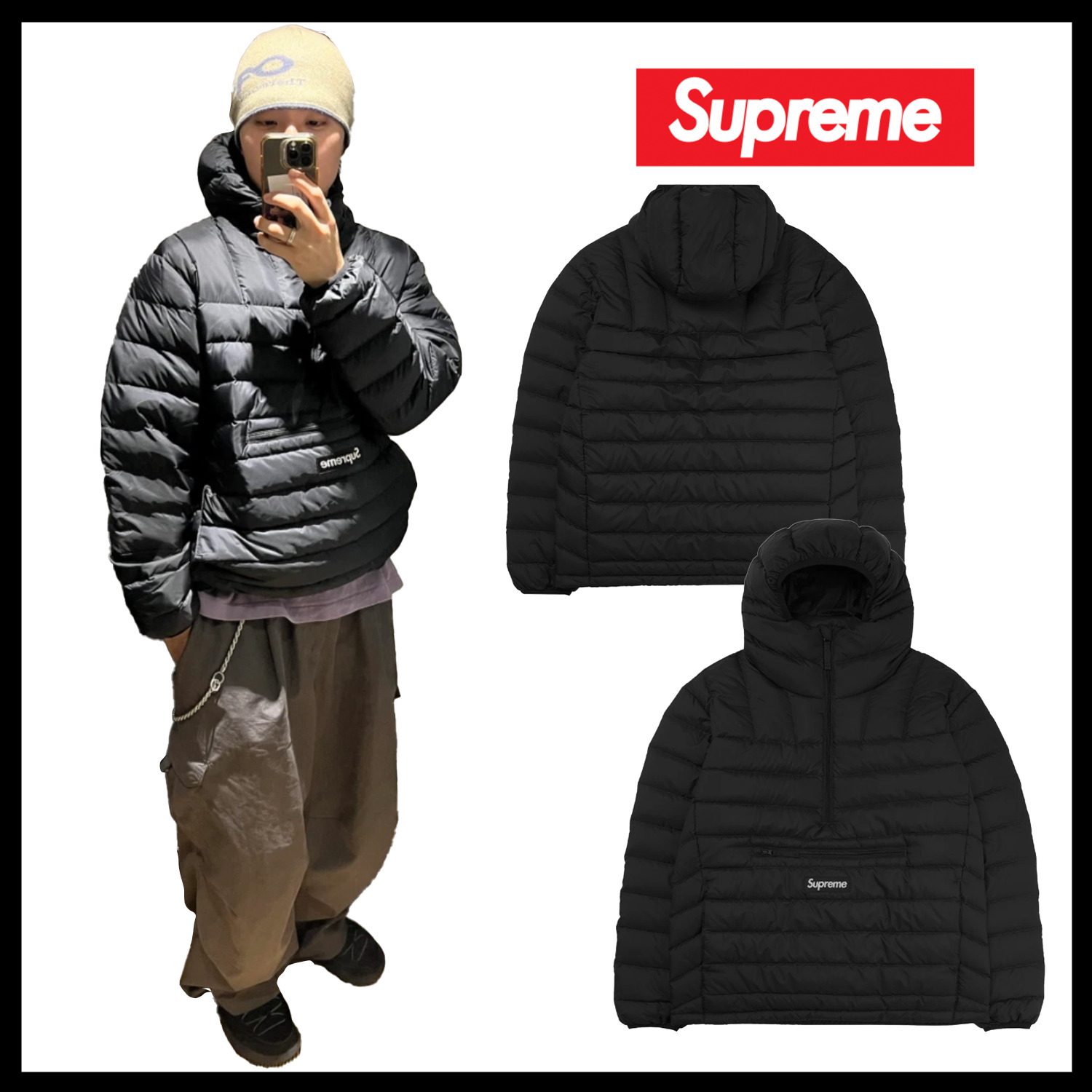 Supreme】Micro Down Half Zip Hooded Pullover Black 25FW (Supreme