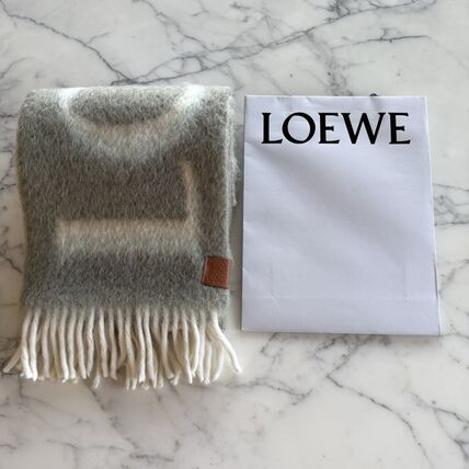 ロエベ マフラー カシミヤ混 アナグラム刺繍 ロゴ フリンジ ライト