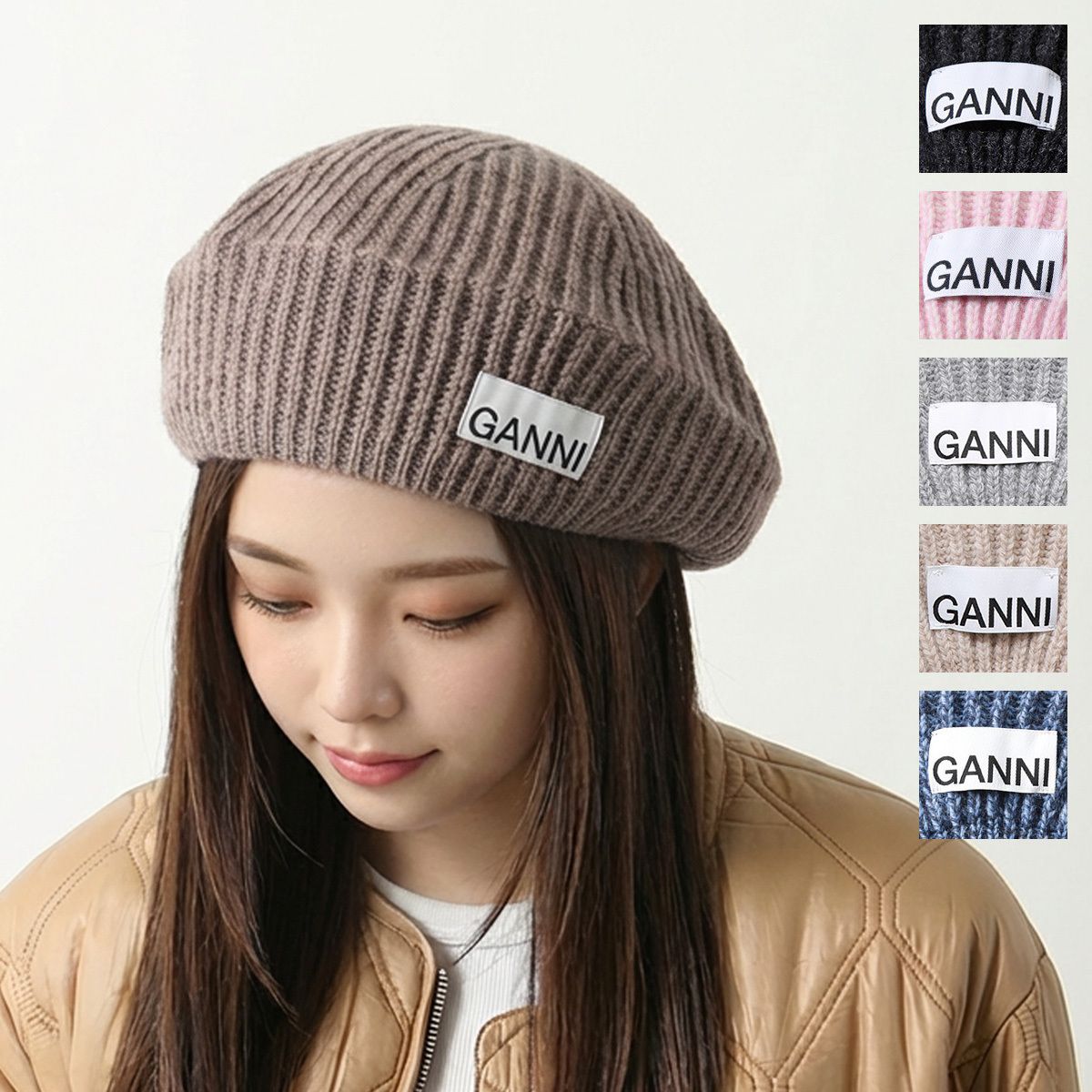 GANNI ベレー帽 A4430 5789 ニット ロゴ (Ganni/ニットキャップ