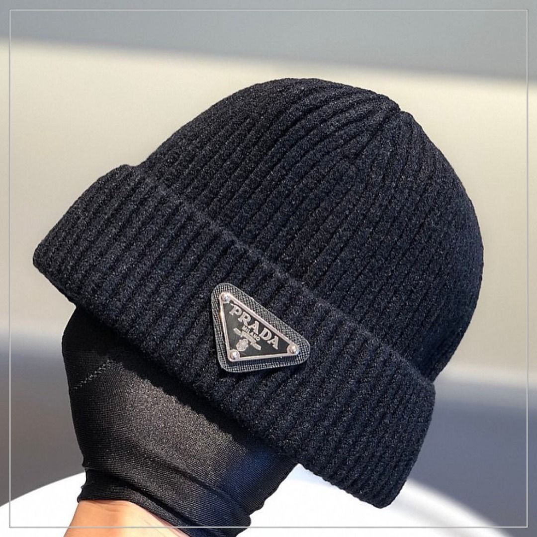 大人気】PRADA◇ウール×カシミア ビーニー ニット帽 ロゴ入り (PRADA