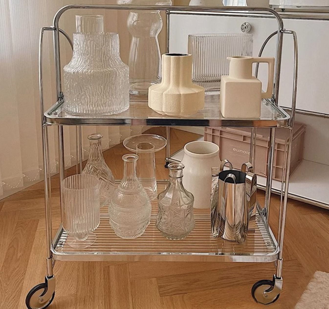 韓国人気】 収納ステンレス ガラス製折りたたみ マルチワゴン (棚