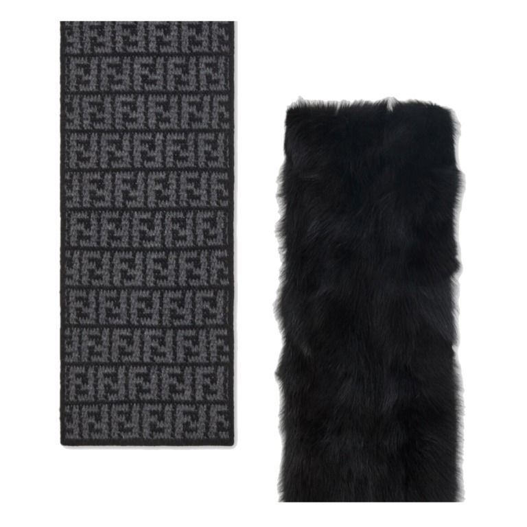 FENDI 最新作 FF マフラー ミンク&ウール ブラック ホワイト (FENDI