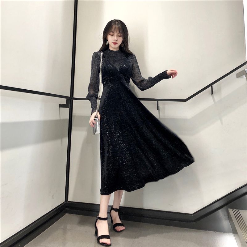 ドレス ベロア ワンピース ツーピース 黒 ラメ パーティー 韓国