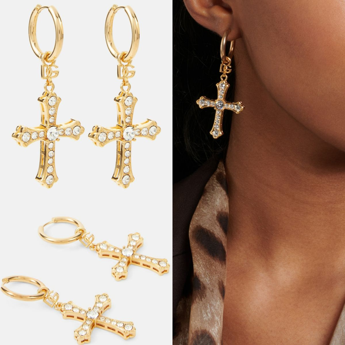 D&G*ロゴ&ビジュークリスタル付ゴールドクロスピアス 十字架 (Dolce