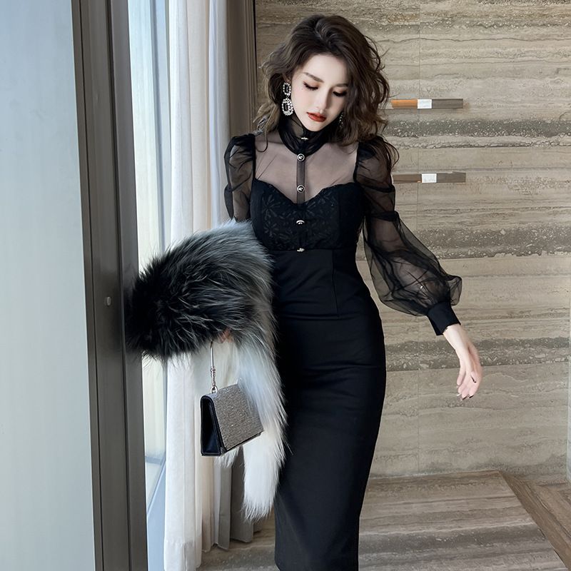 ドレス 黒 シースルー ハイネック パフ袖 パーティー 結婚式