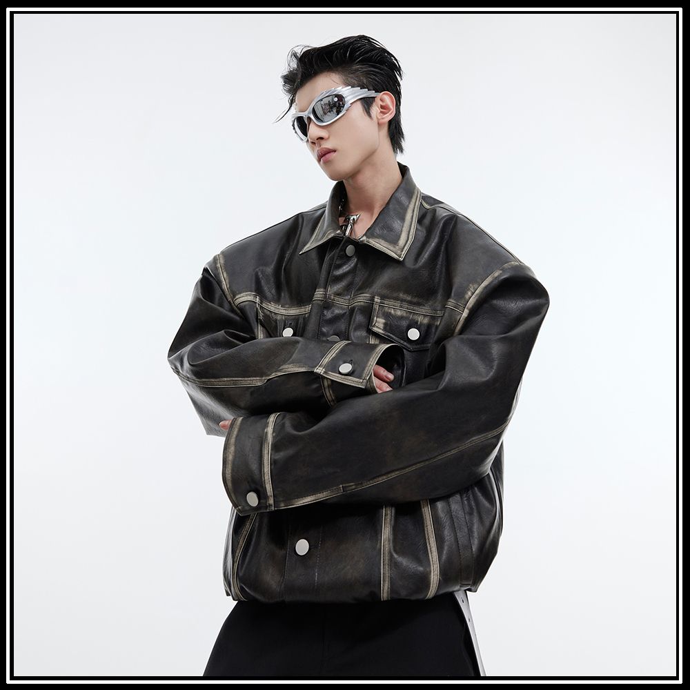 Argue Cultureフェイクレザージャケットおしゃれ肩パッドレトロ (Argue