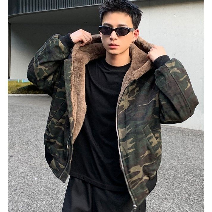 フード付きジャケット 迷彩 ファージャケット もこもこ ルーズ