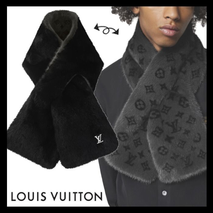 Louis Vuitton《マフラー・モノグラムリバース》黒 ミンク 直営 (Louis