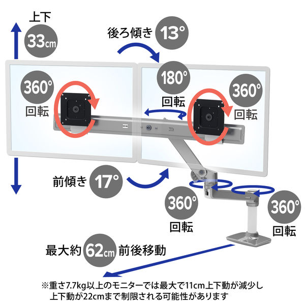 エルゴトロン LX デュアルダイレクト モニターアーム シルバー 25
