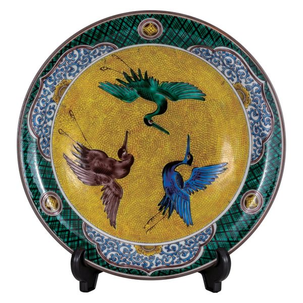 九谷焼 一楽 作 染付細工皿（カエル意匠）共箱付き 九谷焼 一楽 作 染