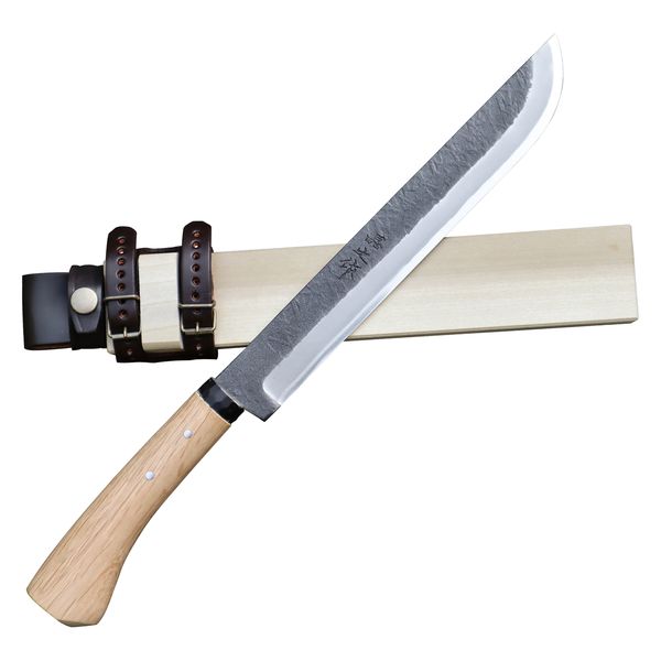 トヨクニ キャンプ剣鉈 240 白鋼 黒槌目 黒丸輪 樫柄 木鞘革バンド 晶