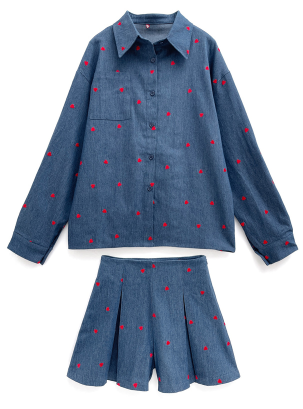 ハート柄デニムシャツ×プリーツスカパンセットアップ[at2273