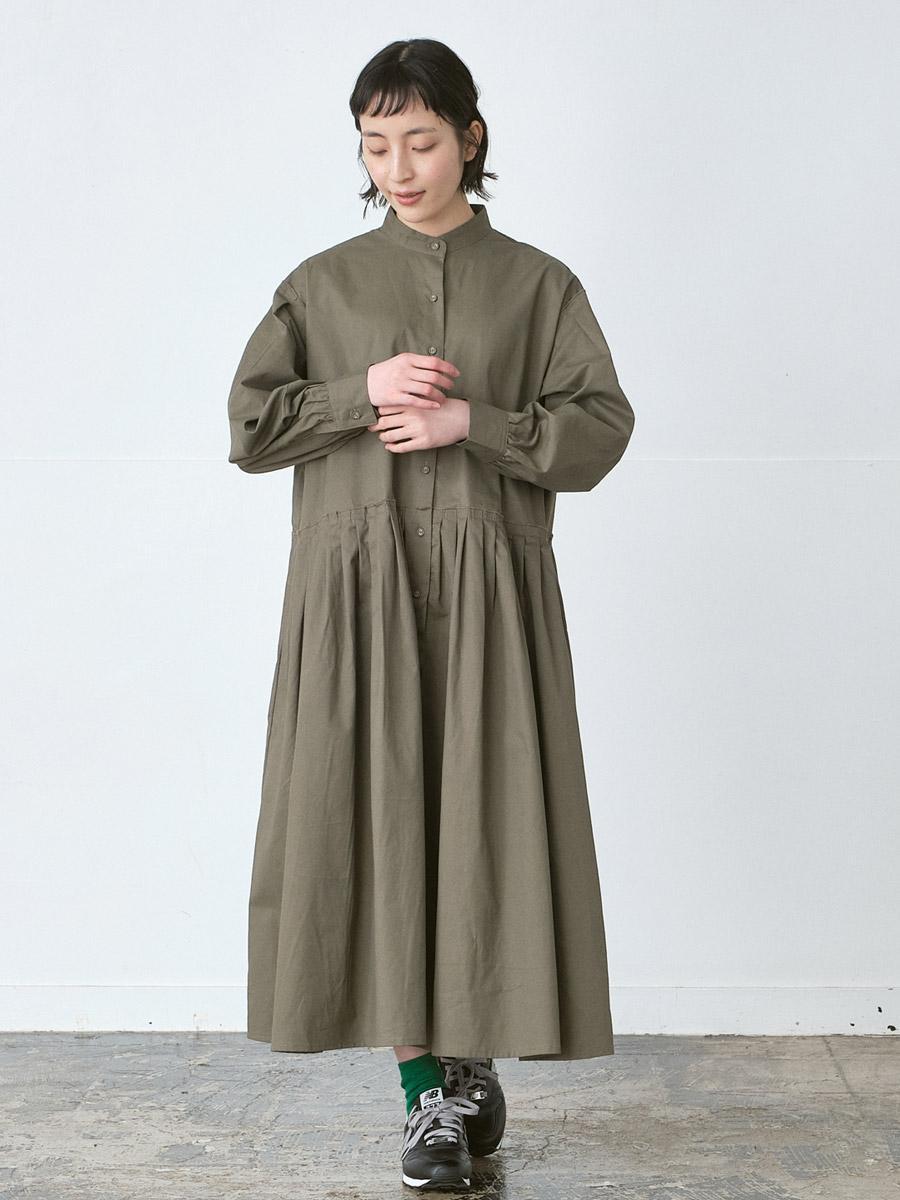 スタンドカラーフレアワンピース 綿ハイカウントチノ | OPナガソデ