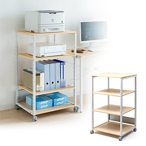 プリンター台（ラック・ワゴン・キャスター・収納・4段・木製・ライト